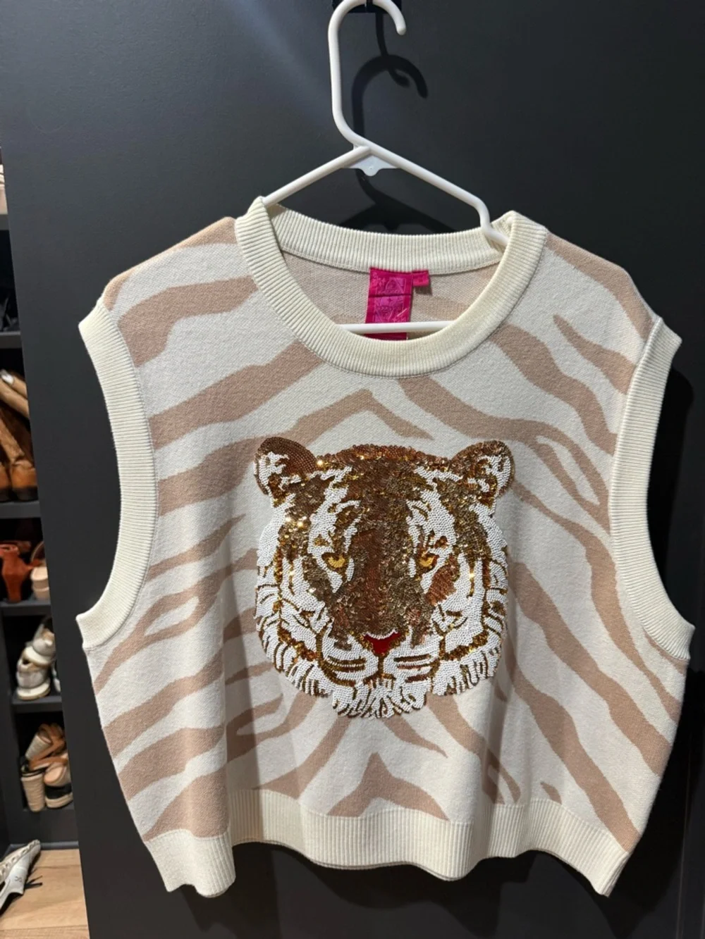 QUEEN OF SPARKLES Cream and Tan Tiger Sequin Knit Tank - Picture 4 of 9